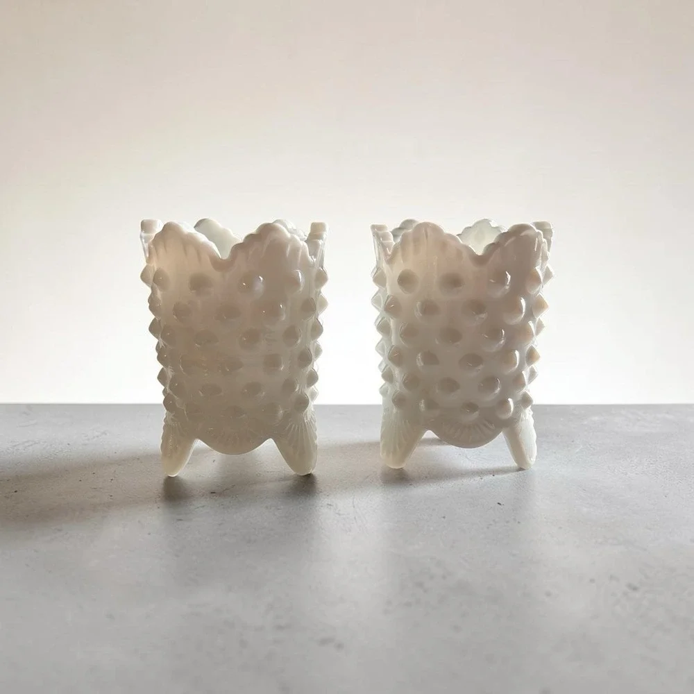 Fenton Hobnail Toothpick Holder White set of 2 Footed